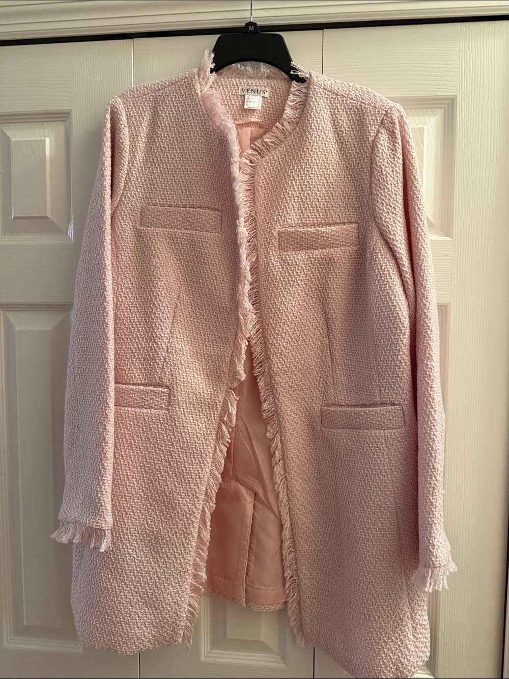 VENUS Blush Pink Fringe Tweed Blazer Coat
